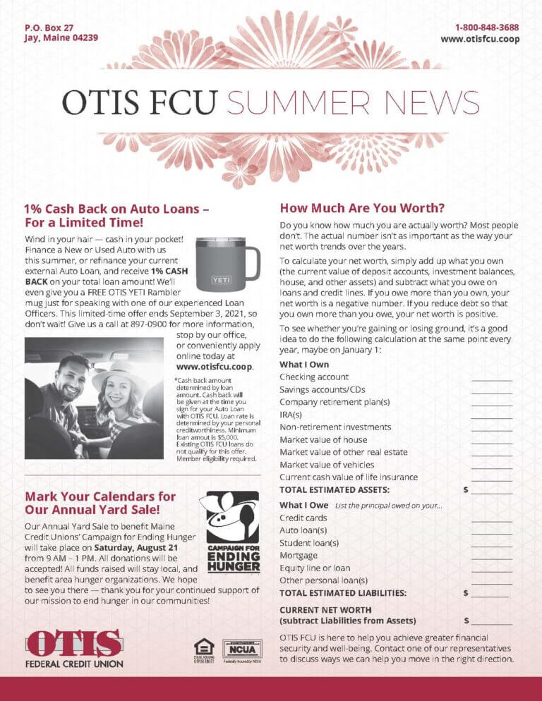 OTIS Summer Newsletter 2021 OTIS Federal Credit Union Maine Credit 