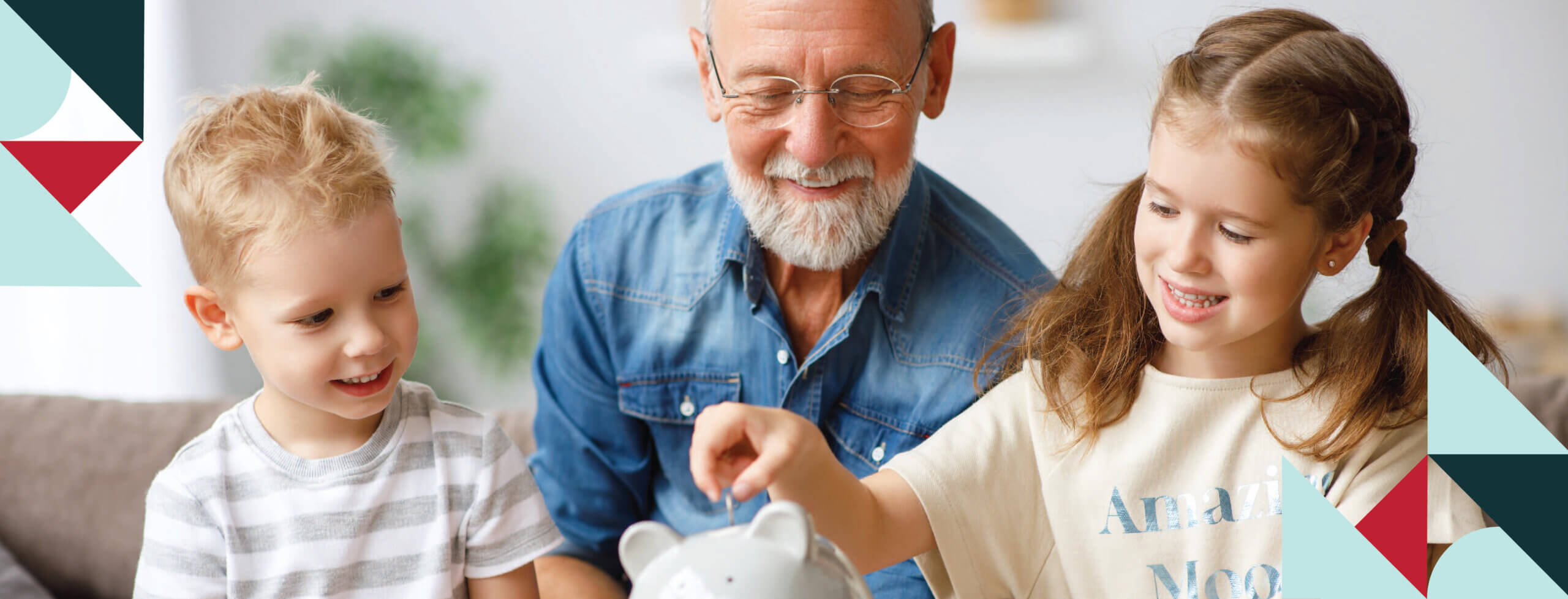 grandpa with grandkids and piggy bank