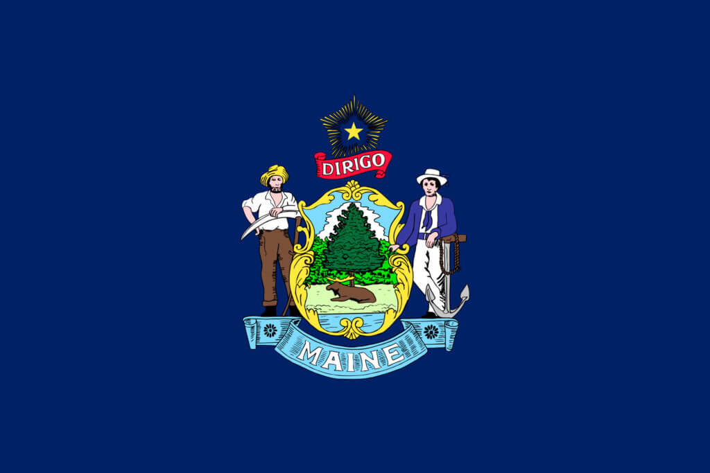 Farmer, fisherman, and pine tree on navy blue background. Maine State flag.