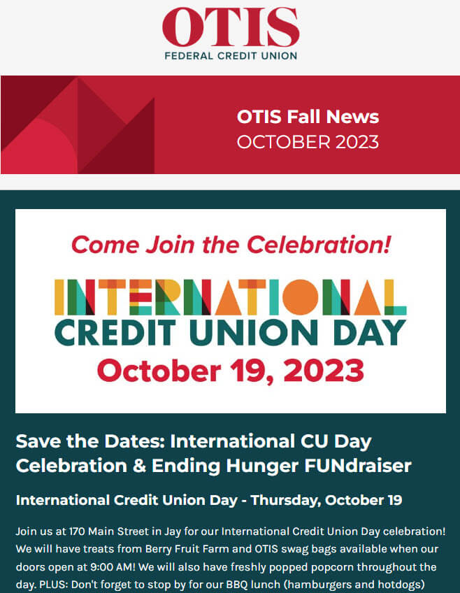 OTIS Fall News October 2023. International Credit Union Day October 19, 2023.