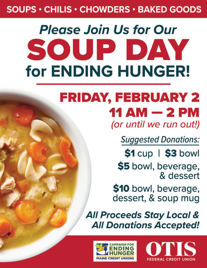 Bowl of chicken noodle soup. Please Join Us for Our Soup Day on Friday, February 2.
