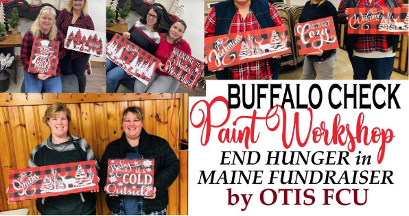 Number of women smiling with plaid paintings. OTIS FCU's Buffalo Check Paint Workshop to End Hunger in Maine.