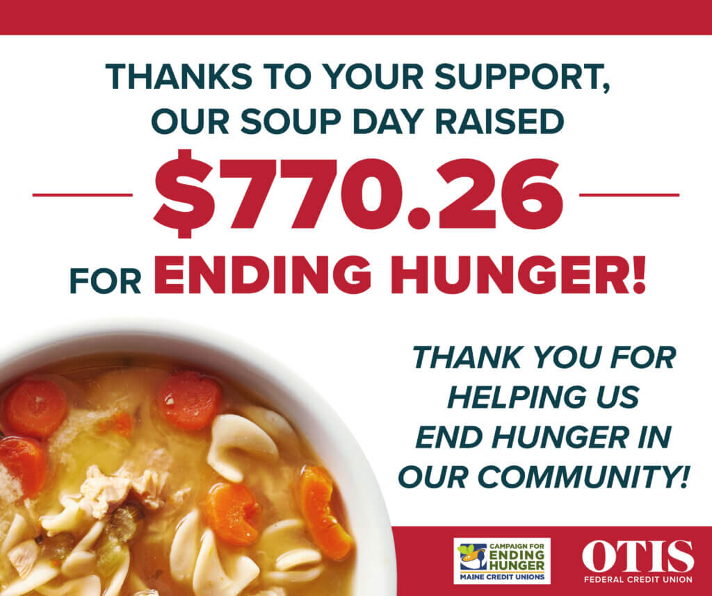 Bowl of chicken noodle soup. $770.26 Raised for Soup Day.