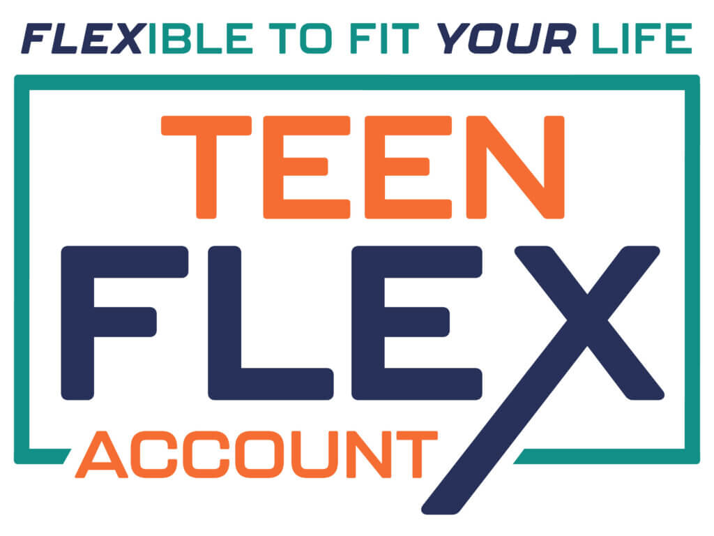 Orange, aqua, and navy logotype. Teen Flex Account.