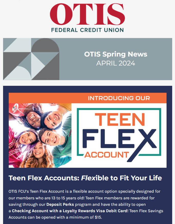 OTIS Spring News April 2024. Five ethnically diverse teenagers huddled in circle, smiling. Introducing Our Teen Flex Account.