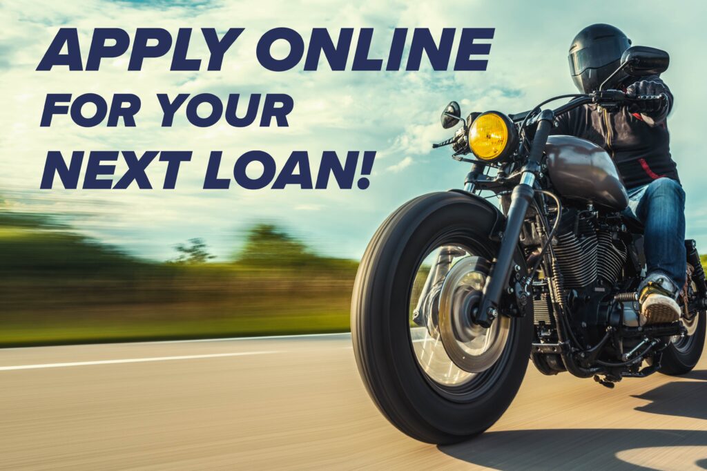 apply online for your next loan text, person riding motorcycle