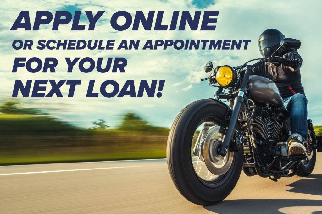 click here to apply for your next loan, riding on motorcycle
